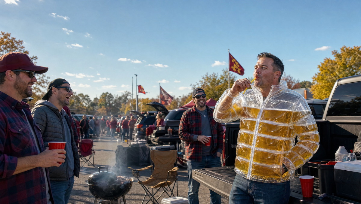Dad wearing The Brewfer beer jacket at a tailgate