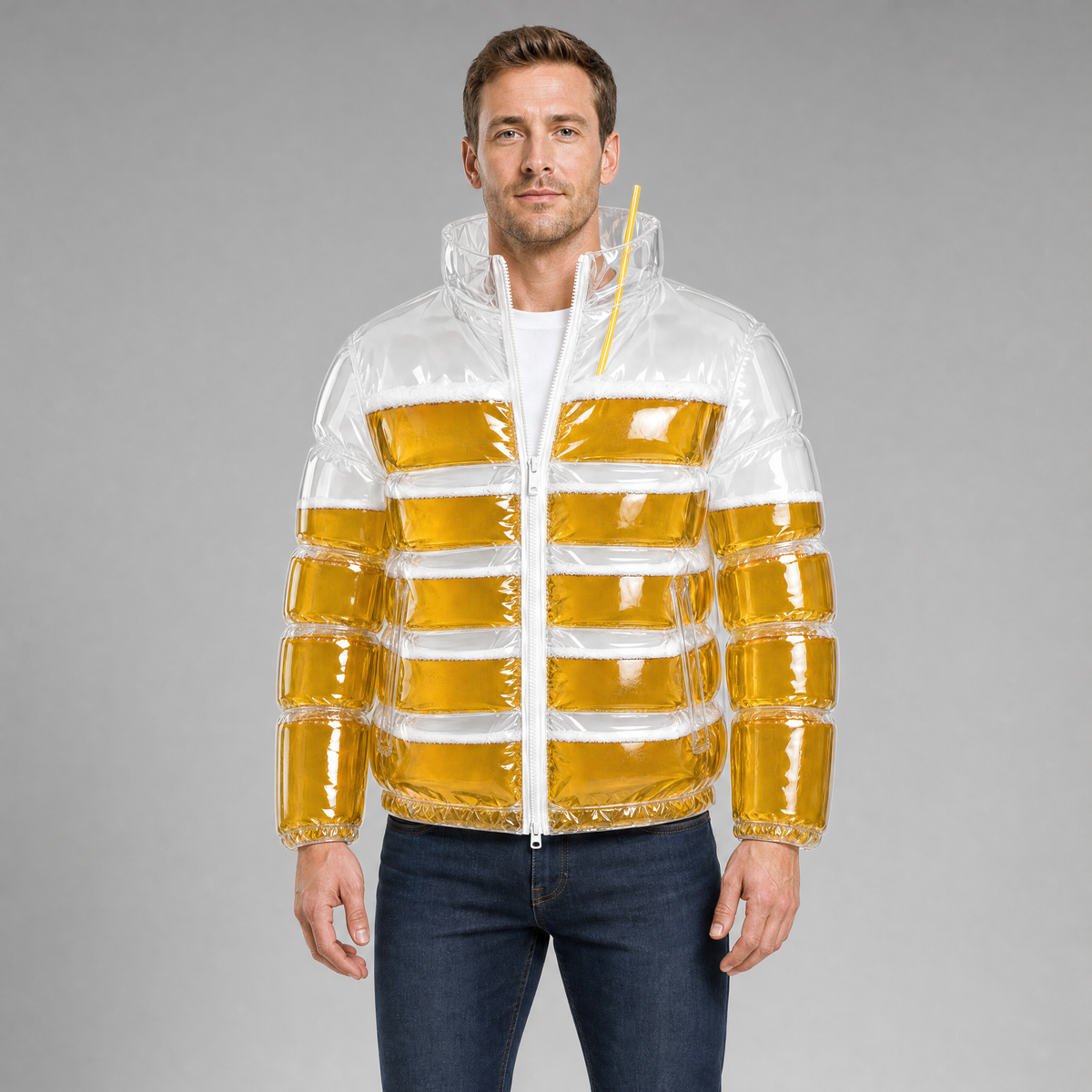 The Brewfer wearable beer jacket worn by model, front view