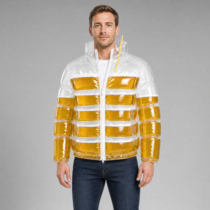 The Brewfer wearable beer jacket worn by model, front view